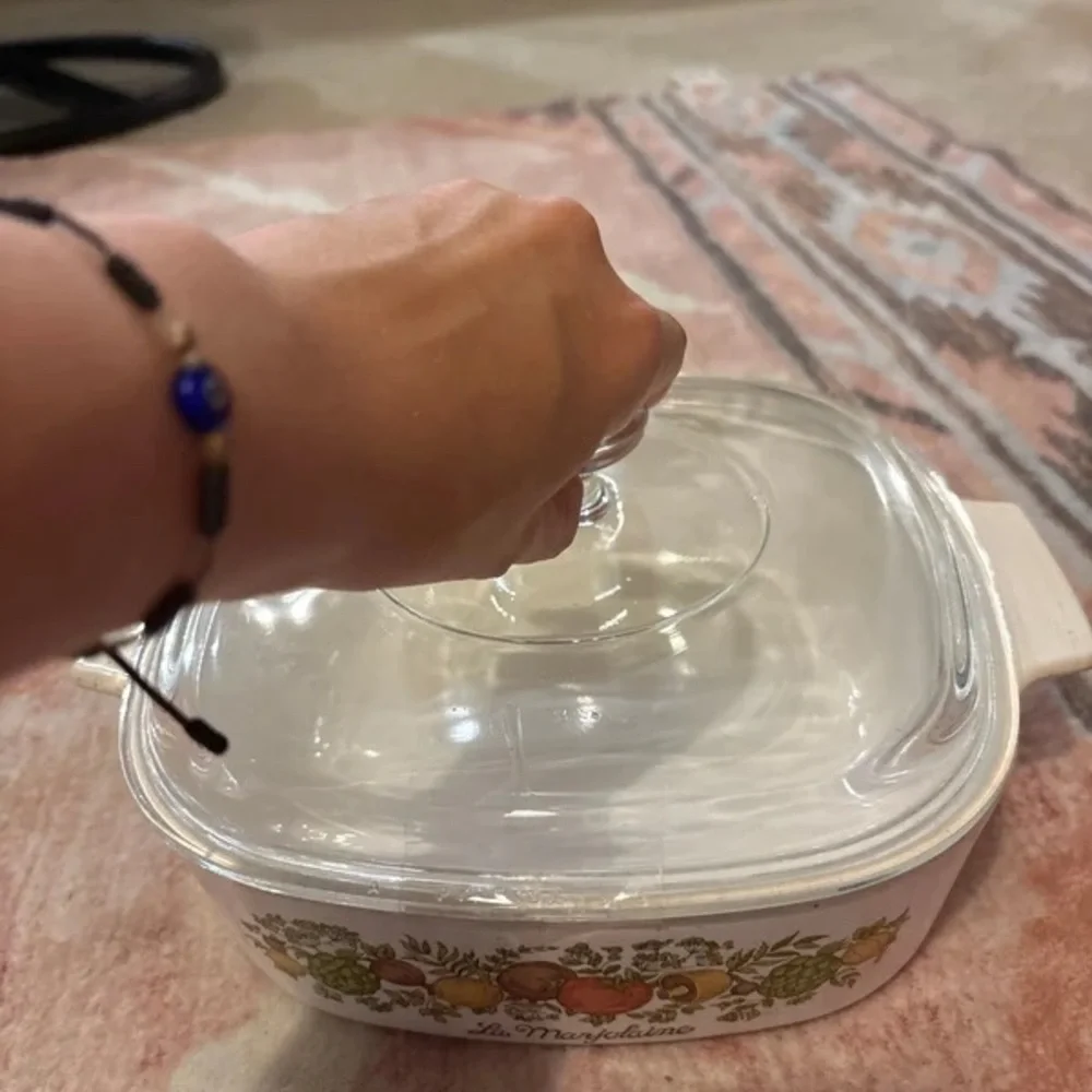 White Ceramic Casserole Dish with Clear Glass Lid and Fruit Motif